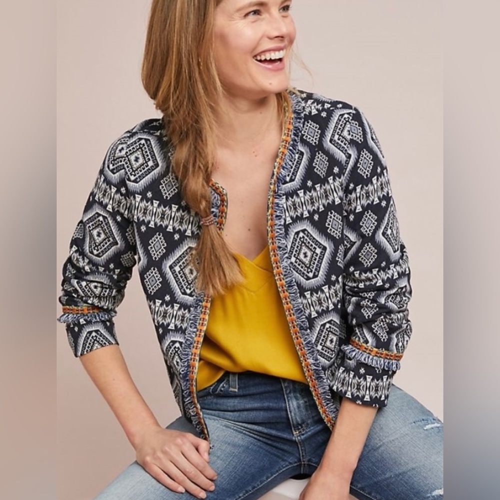 ANTHROPOLOGIE / LEA & VIOLA Blue Aztec Brocade Open Jacket w Looping Trim -Sz XS